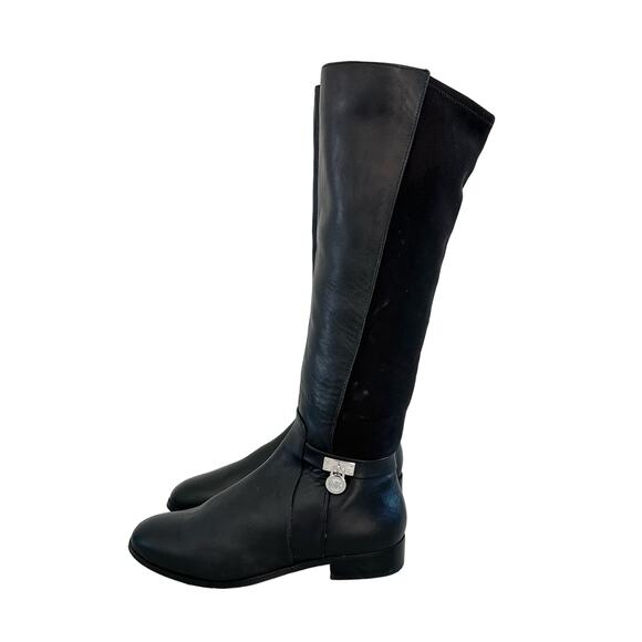Michael Kors Knee High Riding Boots Size 8.5 Black Leather Stretch Metal Charm - Picture 2 of 11